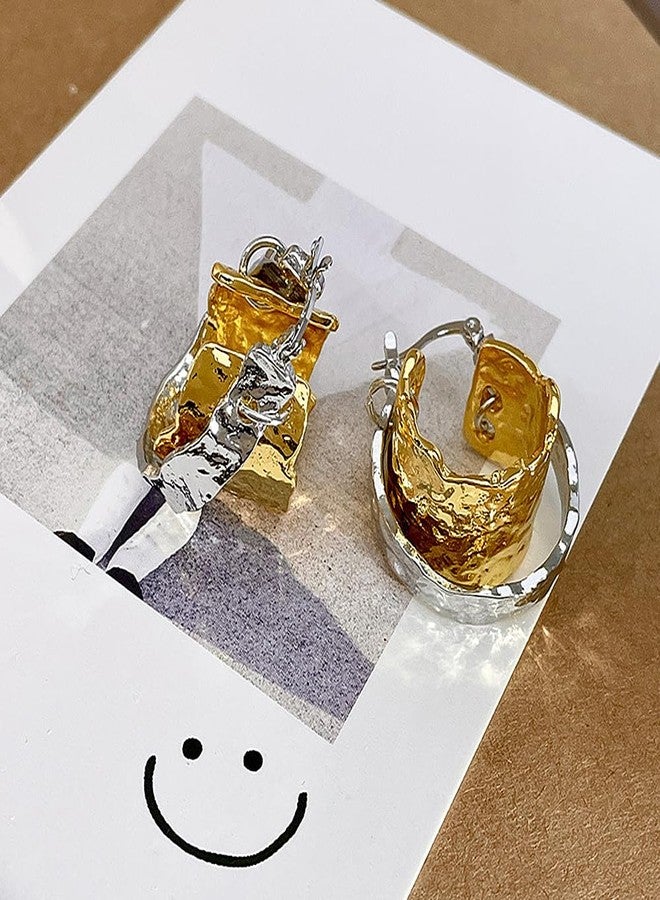 Uarein Vintage Statement Earring for Women Exaggerated Hammered Two Tone Hoop Earrings Minimalistic Hypoallergenic Round Earrings Trendy Jewelry Presents (Gold Silver) - Image 5
